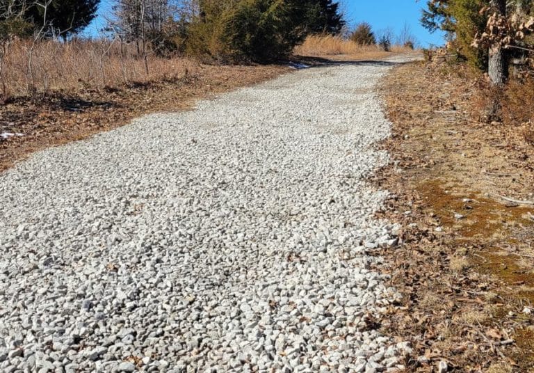 Rural road with a wide path of light-colored gravel flanked by dried vegetation under a clear blue sky.