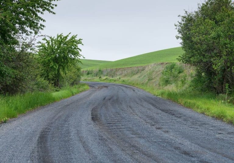 A country road with a fresh layer of asphalt winds through a green landscape with lush trees and rolling hills under a cloudy sky.